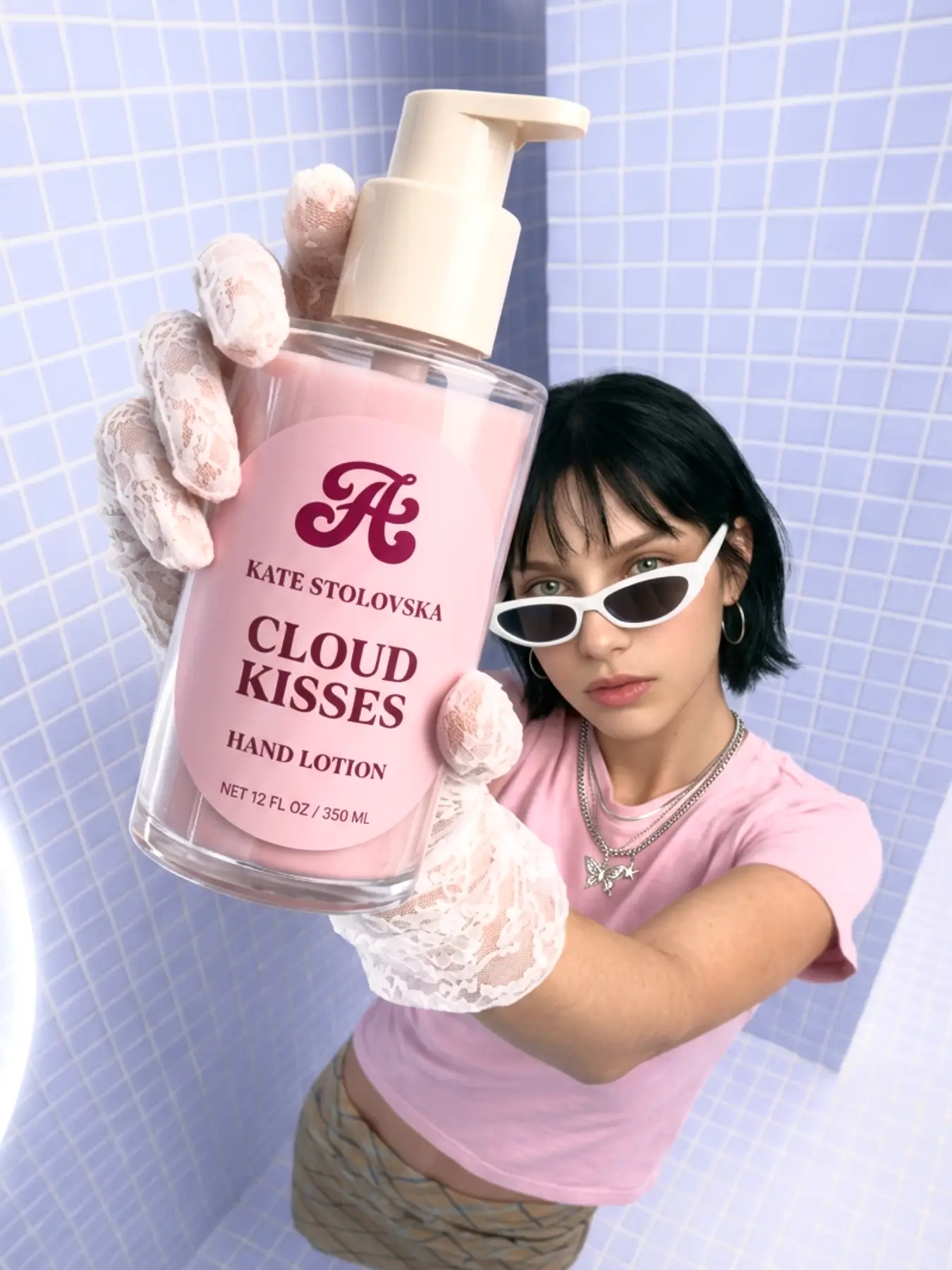 Skincare product photo featuring a woman holding a lotion bottle with creative pink glove props generated by Fotor AI vibe marketing tool